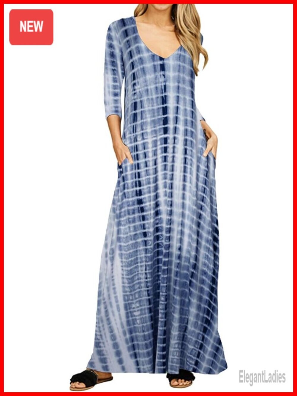 Women's 3/4 Sleeve Midi Dress with Pockets, Loose Fit Casual Dress